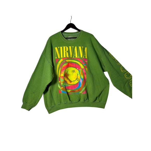 NIRVANA Sweatshirt Green L/XL LS Crew Neck Pullover Graphic Smile Logo Grunge - Picture 2 of 5